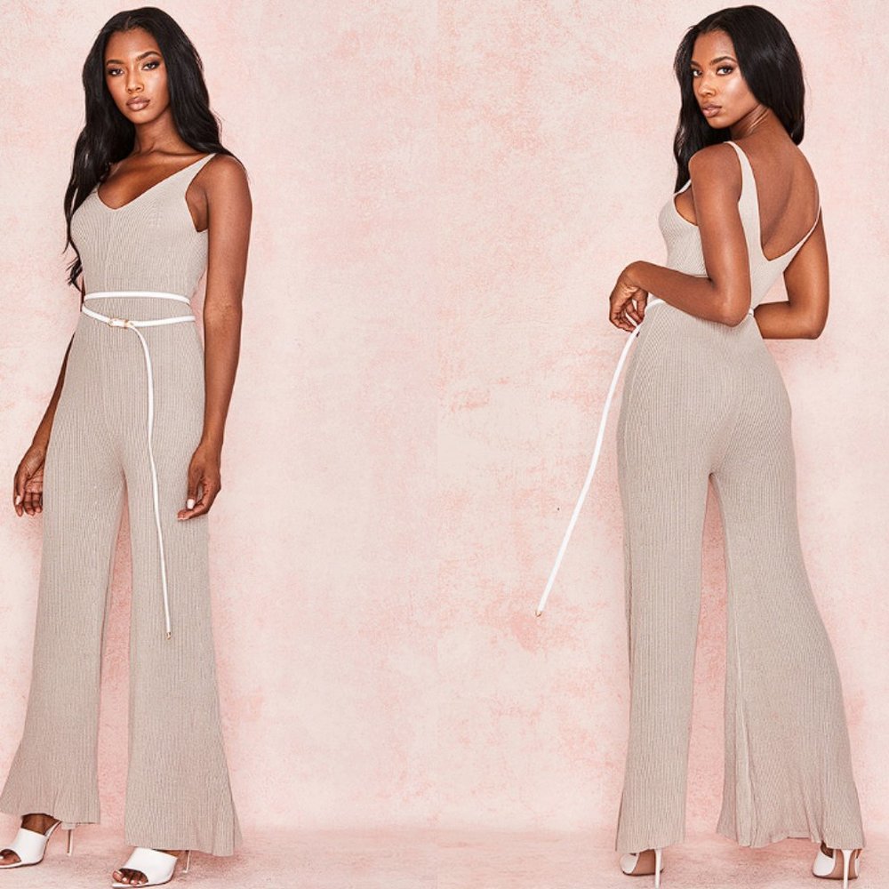 House of CB 'Evana' Stone Ribbed Knit Jumpsuit NWT - Picture 4 of 9